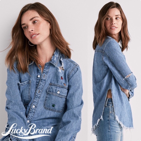 Lucky Brand 🐞 Denim Boyfriend Shirt w/Embroidery Sz S - Picture 1 of 16